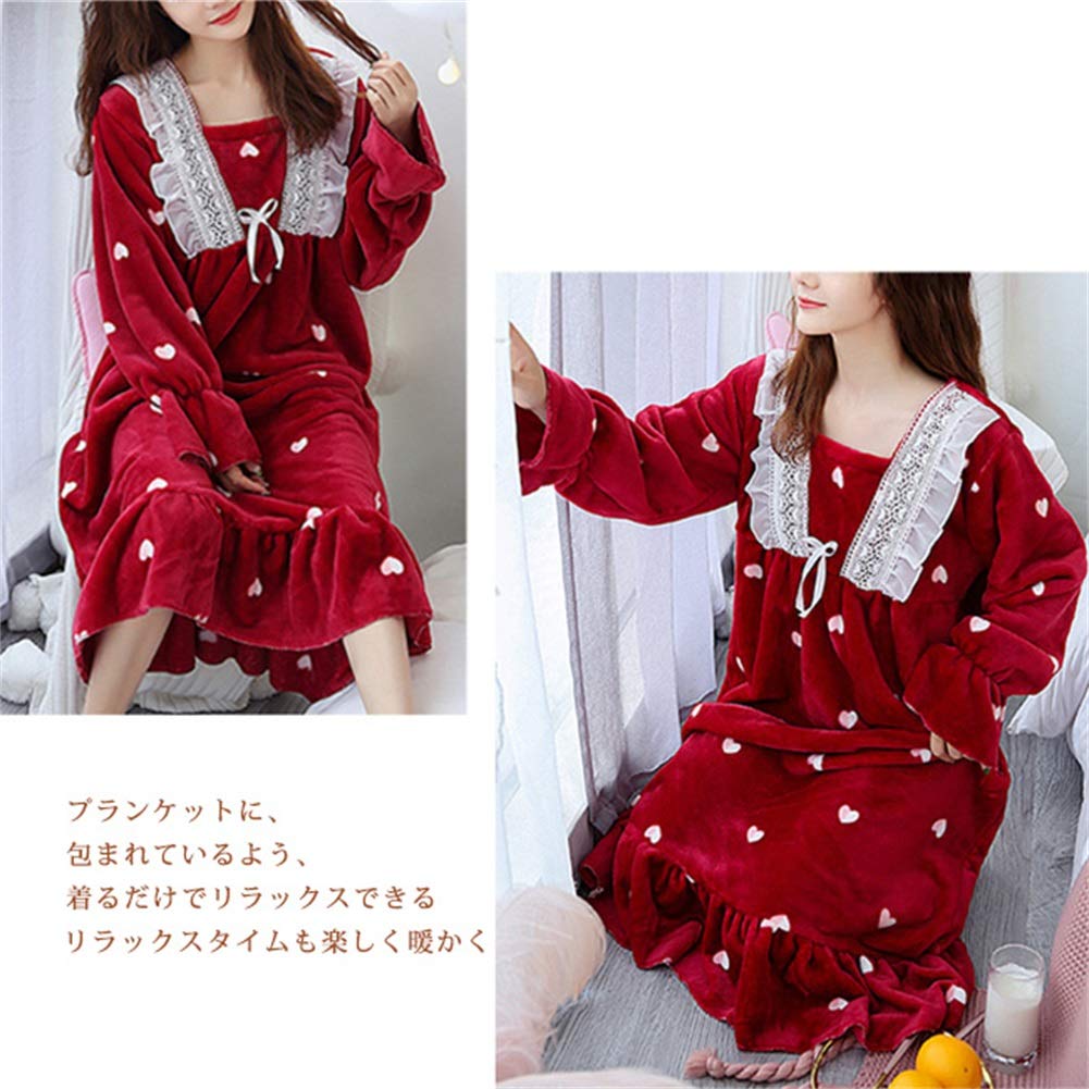 Guoyupika Princess and Plus Size Women's Long-Sleeved Nightgown, Lace, Warm, Fluffy, Cute, (Wine, 5XL)