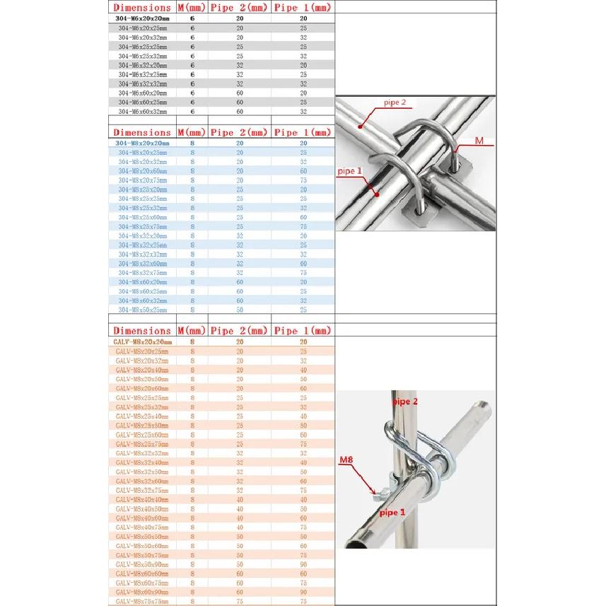M6M8 304&Galvanized Cross Pipe Clamp U-shaped Cross tube Clamp Bolt Steel Connector Scaffolding Fixing Clamp 304-M6x20x20mm 1set