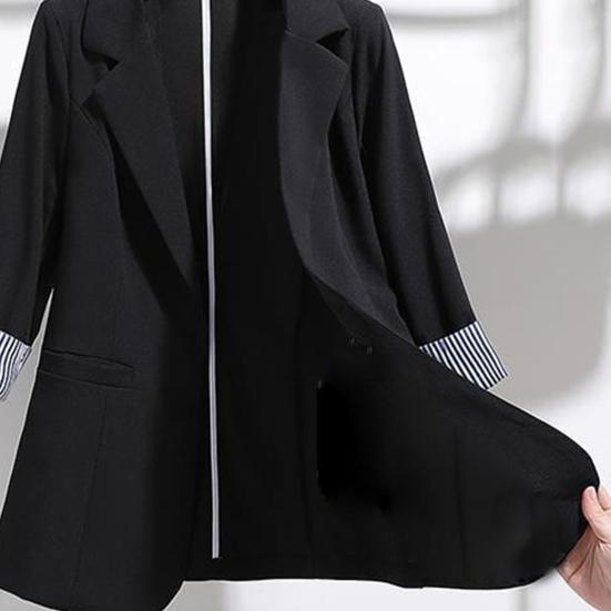 3/4 Sleeve Striped Patchwork Cuff Pockets Women Blazer Solid Color Lapel Single Button Thin Suit Coat Workwear