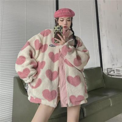 Kurtka pluszowa Unisex Love Lamb: Europejski i Amerykański Styl High Street, Jesienno-Zimowy Dwustronny Płaszcz ze Stójką