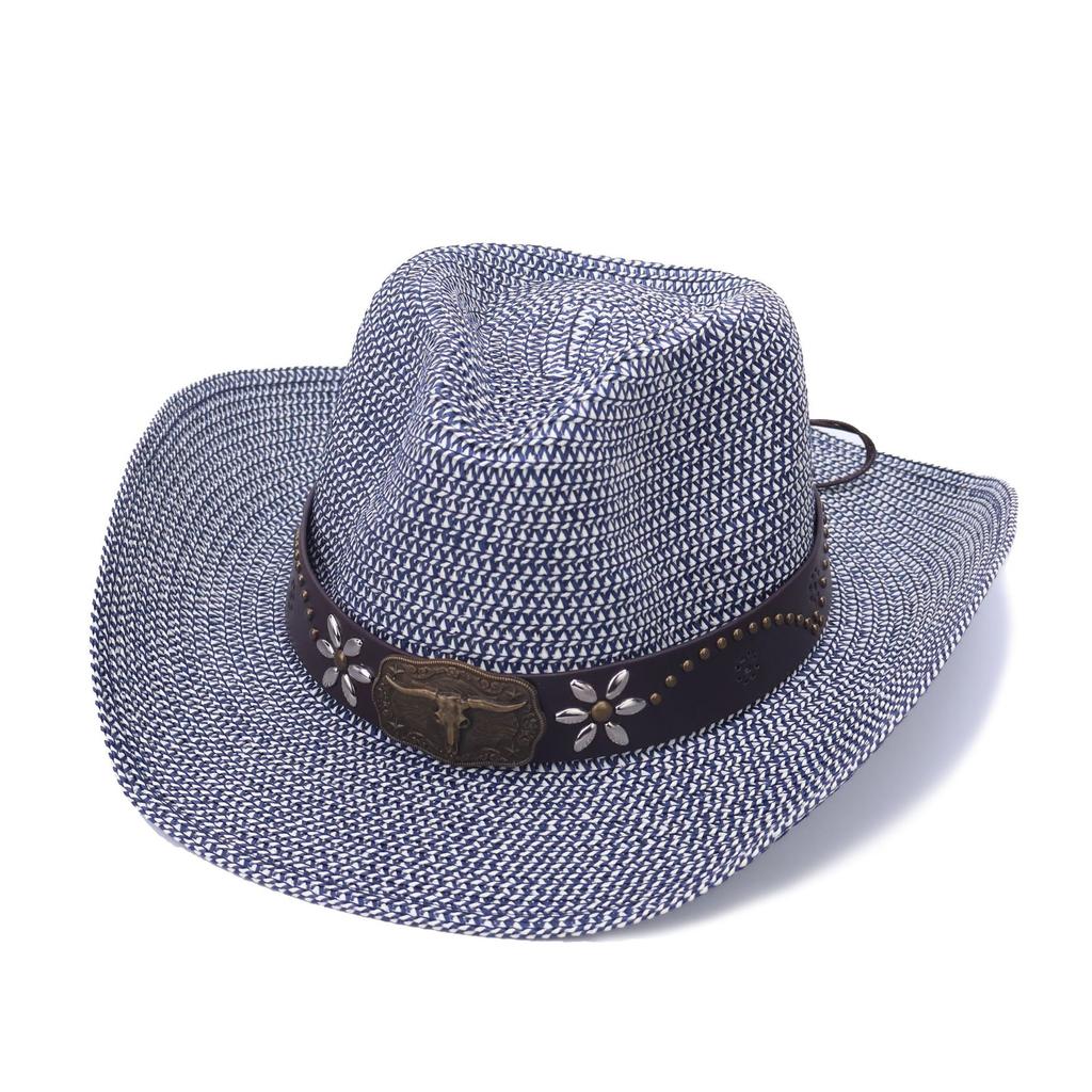 Retro straw woven western cowboy hat hot-selling bull head decorative big eaves sunscreen top hat summer sunshade straw hat