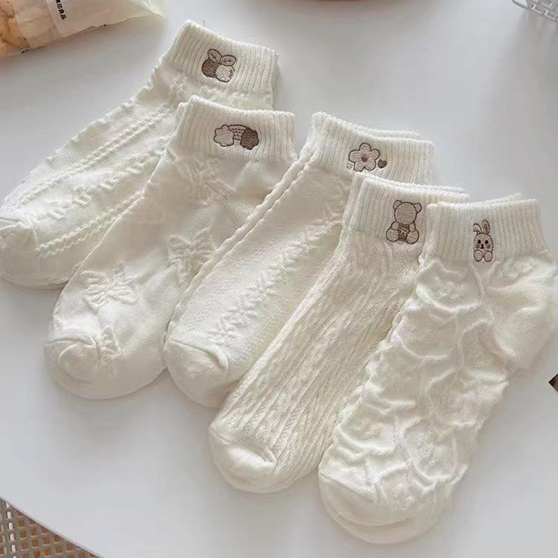Women's Cotton Low-Cut Cute Embroidered Socks - Japanese & Korean Style Trendy Spring Arrival, White