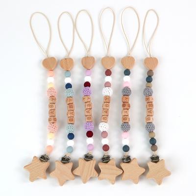 1PC Baby Pacifier Clip Chain Stars Love Wood Safe Teethers Chains Soother Chew Teething Toys Dummy Nipple Holder