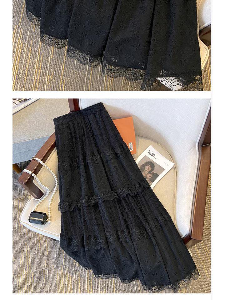 High-Waisted Fleece-Lined Lace Layered Slimming Midi Skirt