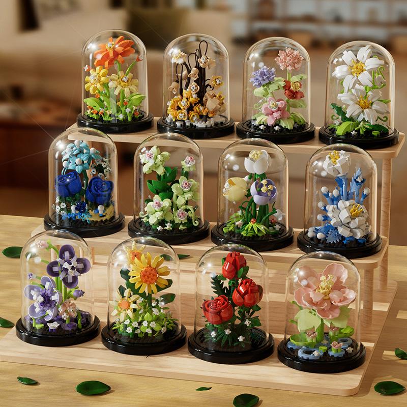 Everlasting Flower Small Particle Building Blocks with Cover Children's Educational Assembling Toys Desktop Ornaments Brand New