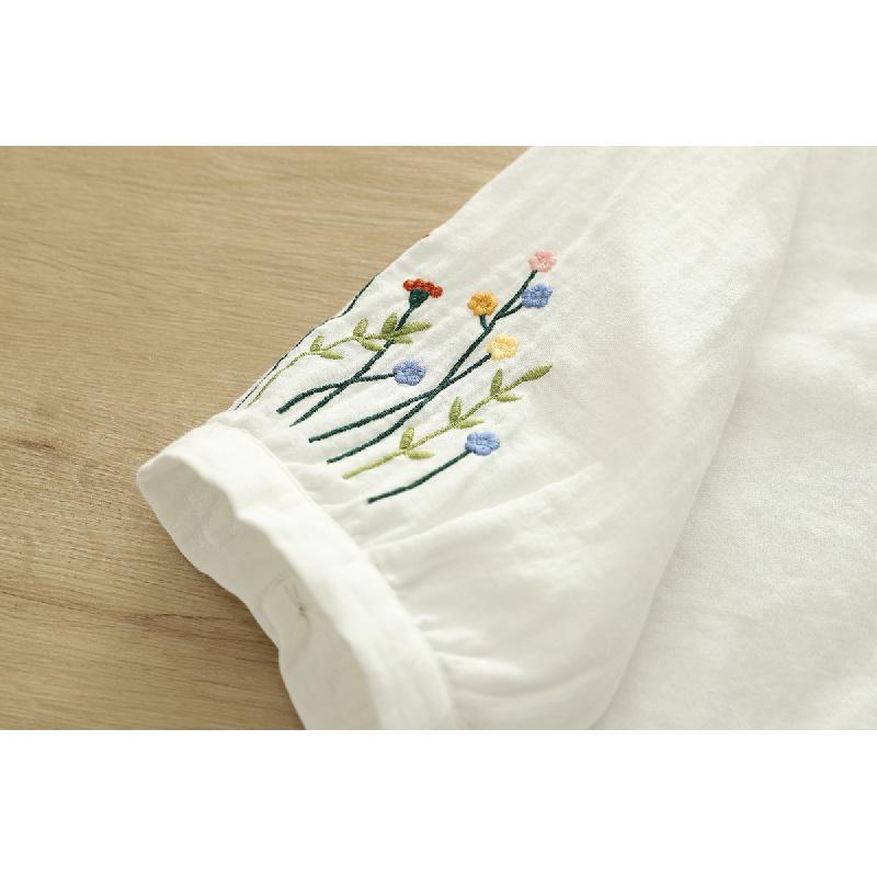 Artistic and fresh breathable cotton gauze turn-down collar short-sleeve shirt for women, casual summer double-layer gauze top