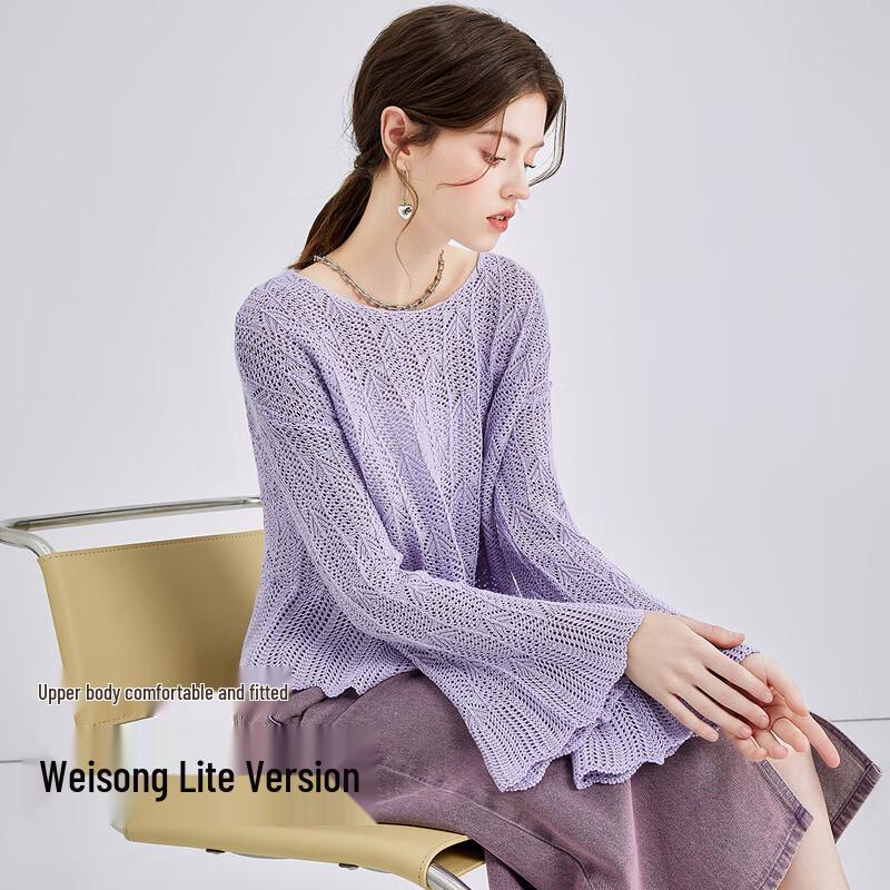 

Women s Round Neck Hollow-Out Flared Sleeve Knit Top L