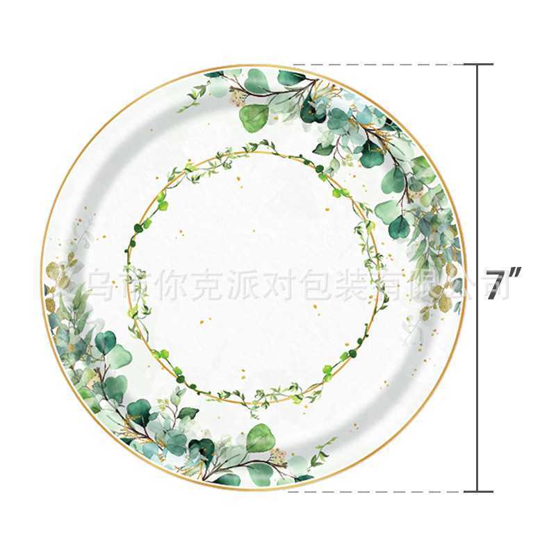 Fresh Green Eucalyptus Disposable Paper Tableware Set Birthday Welcome Party Plates Cups Decor