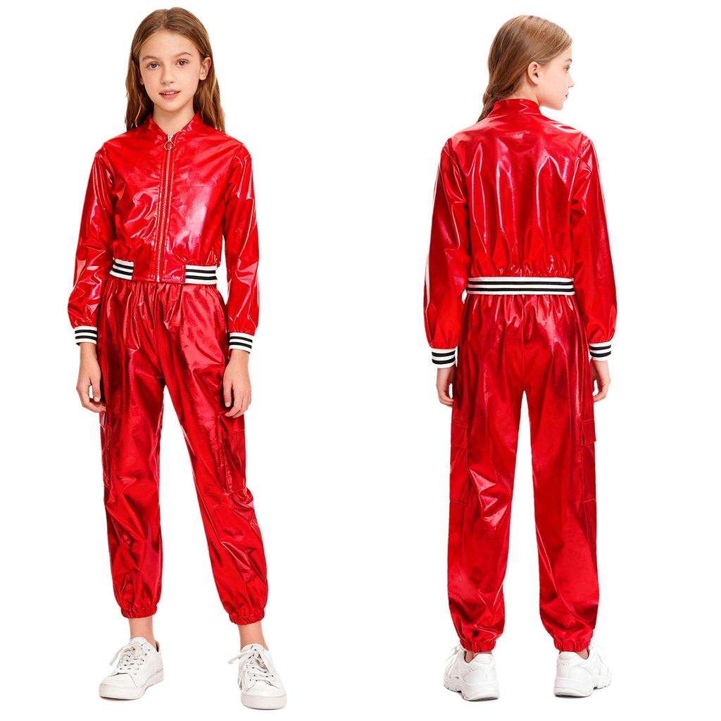 Kids Girls Hip-Hop Jazz Dance Costume Complete Set: Metallic Zipper Jacket & Pants, Stand Collar Long Sleeve Stage Outfit