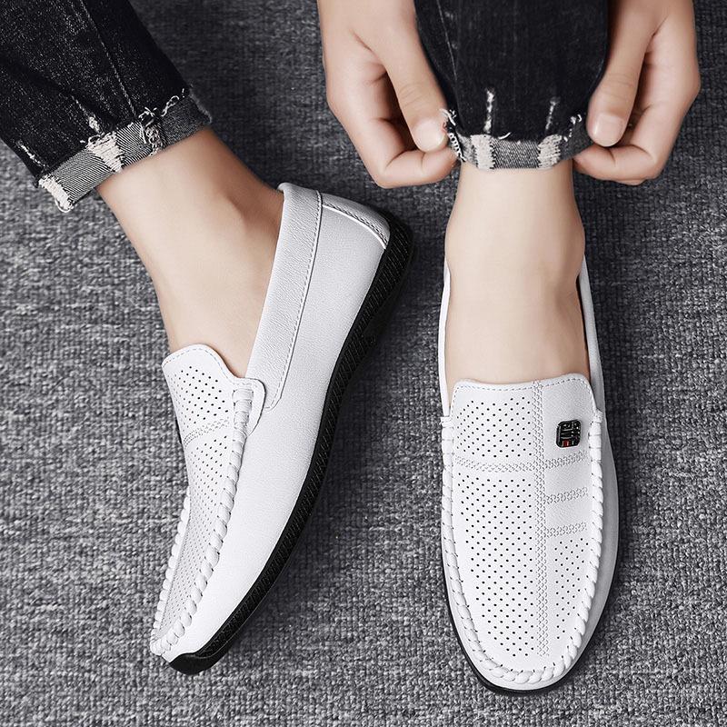

Summer new men s Doudou shoes hollow and breathable punching one pedal casual leather shoes comfortable loafers trendy lazy shoes 44 белый