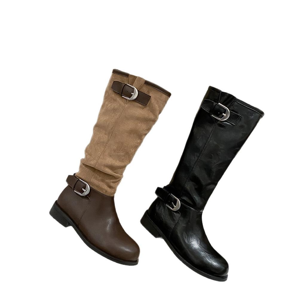 Ma Sichun of the Same Style~ Height Increase 4/7cm Fashionable Buckle with Round Head Splicing Thick Heel Knight Boots Women's Stacked Short Boots