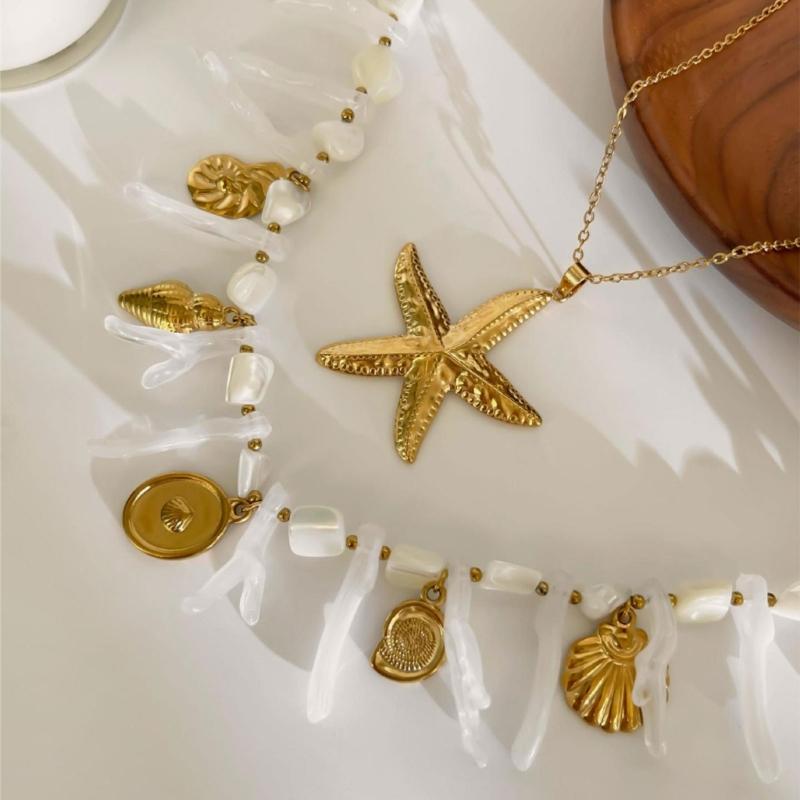 Sea Starfish Coral Shell Beaded Necklace Lightweight Stainless Steel Acrylic Stackable Jewelry For Daily Wear