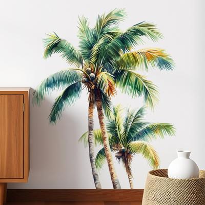 Fake Window Wall Sticker Summer Beach Ocean Coconut Tree Landscape Decal Stick And Peel Natural Seascape Scene Mural