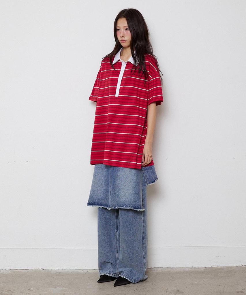 Lense Multi Stripe Rugby Collar T-Shirt Red