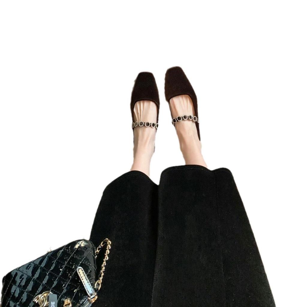 Sheepskin Version~ Genuine Leather French Square Head Light Mouth High Heels One-word Diamond Belt Low Heel Suede Mary Jane Single Shoes Ladyshoes