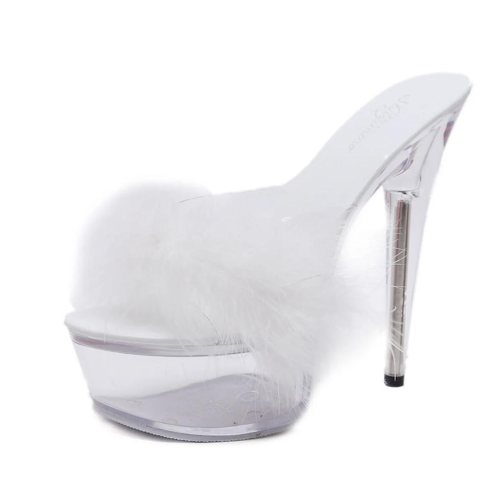 2025 Hairy Sexy Super High Heel Shoes 15CM Thin Heel Platform Slippers Transparent Crystal Shoes Wedding Shoes Women's Slippers
