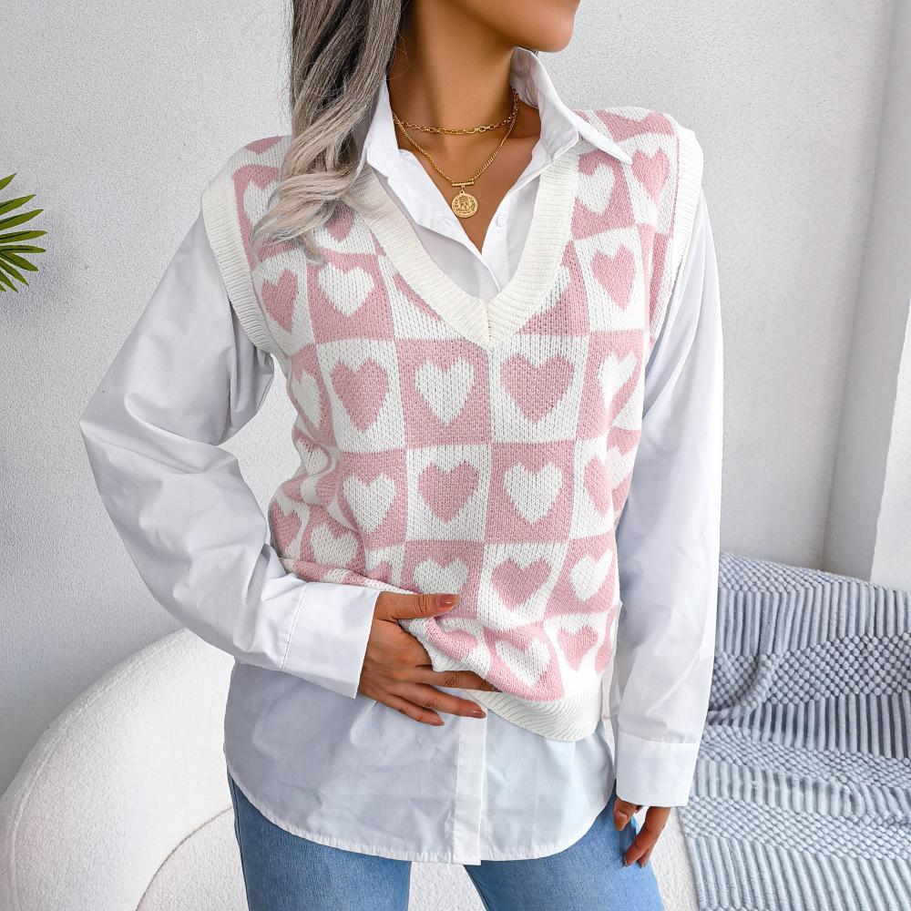 Damen Valentinstag Pulloverweste Ärmellos Liebe Herz Kariert Crop Tanktop Gestrickt V-Ausschnitt Pullover Top