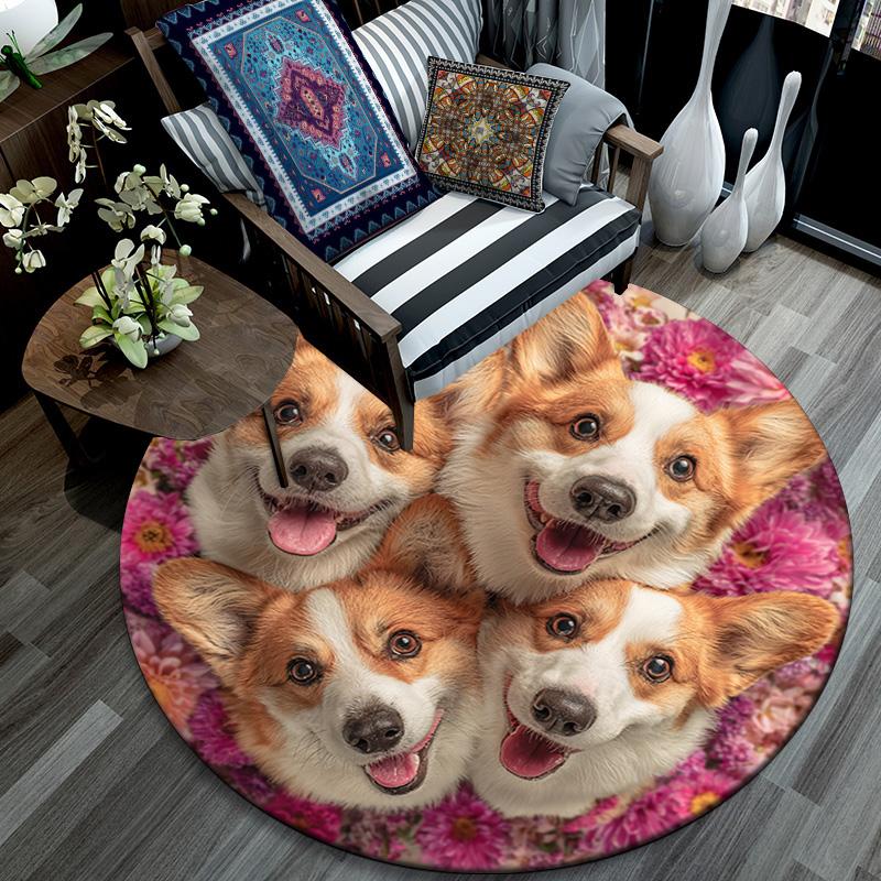 Corgi Dogs Round Area Rug,Carpet Rug for Living Room Bedroom Sofa Playroom Decor,Non-slip Floor Mat