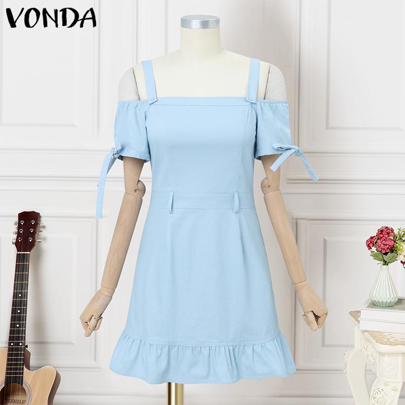 

VONDA Летнее женское повседневное платье А-силуэта с открытыми плечами и рукавами-бретельками и бантом L светло-синий