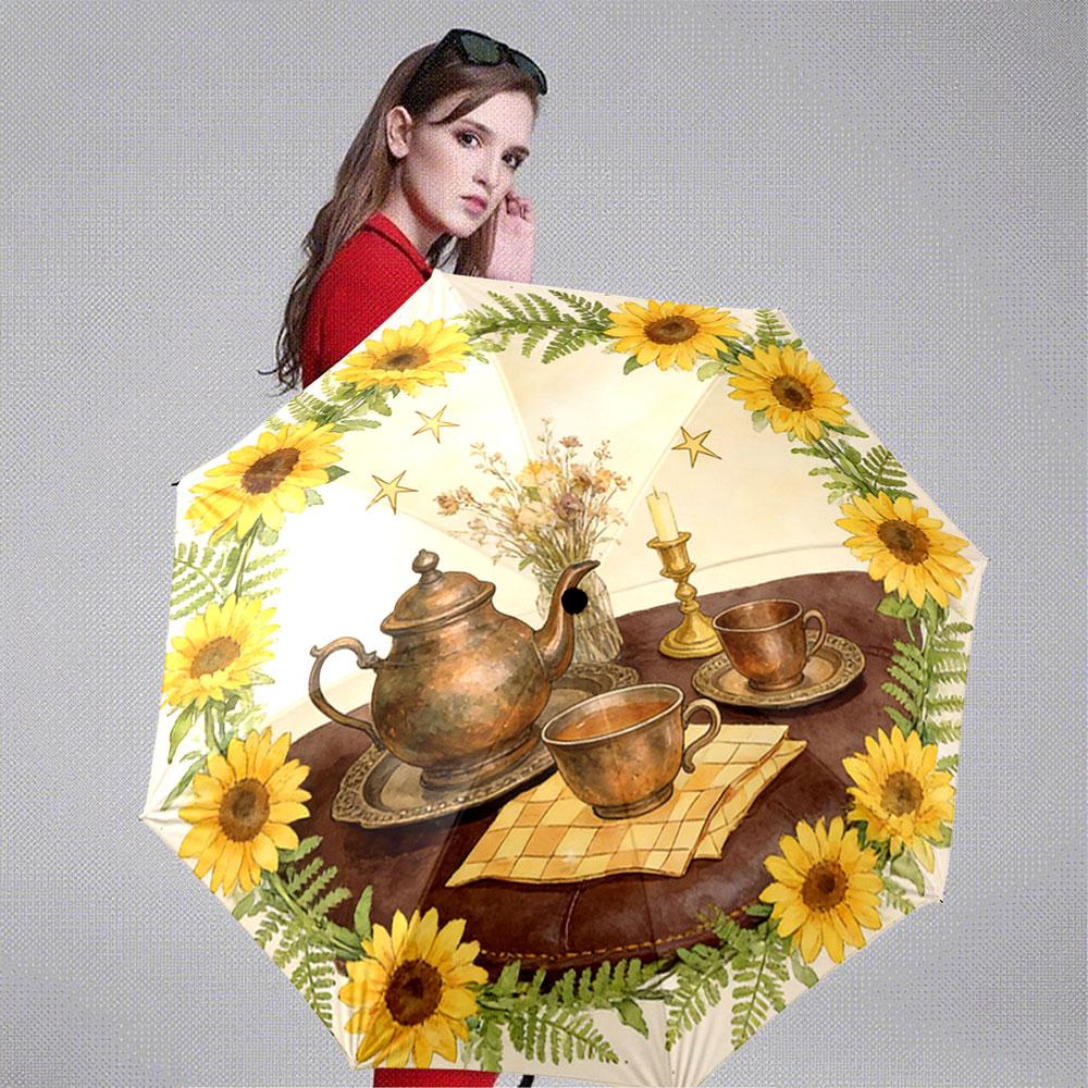 Modern Round Sunflower Teapot Wreath Yellow Decorative Pattern Umbrella