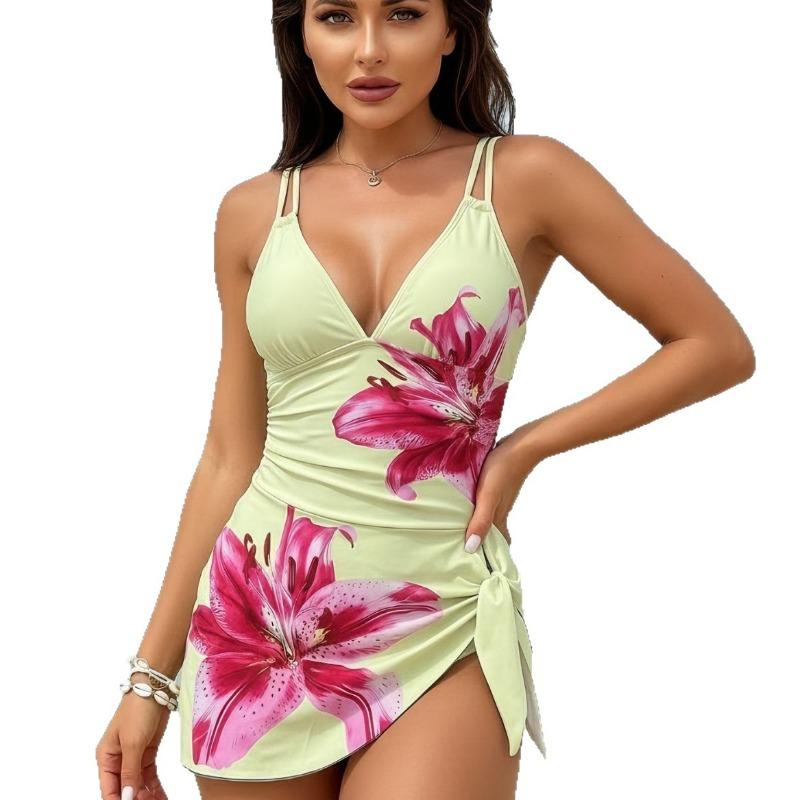 2026 Neues Europäisches und Amerikanisches Lilien-Print-Kleid Badeanzug Damen Kreuz-Rückenfrei Urlaub Thermalquelle Bikini