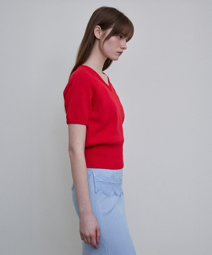 Dito Italian Yarn Puff Sleeve V-Neck Knit [Red]