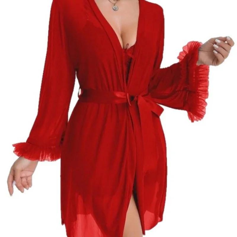Women Sexy Robe Lingerie Set Lace V-Neck Cami Dress with Transparent Mesh Night Gown Robe Nightwear Female Casual Sleepwear