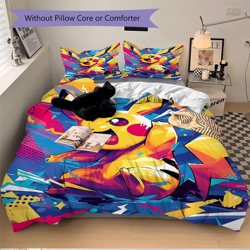 3pc Pikachu Bedding Set Guest Room Bedroom Decor Christmas Halloween Decor Birthday and Holiday Gifts- All Seasons 3pcs Quilt 119