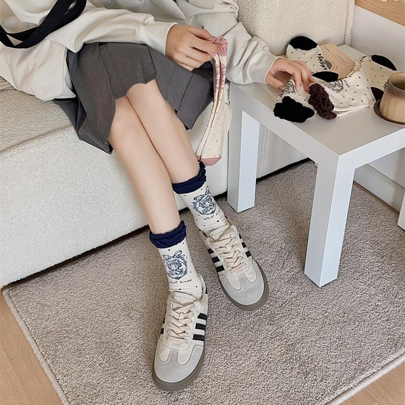 Bubble Mouth Line Doll Lolita Socks Women Vintage Polka Dot Slim Leg Socks Pure Cotton Mid-Leg Socks
