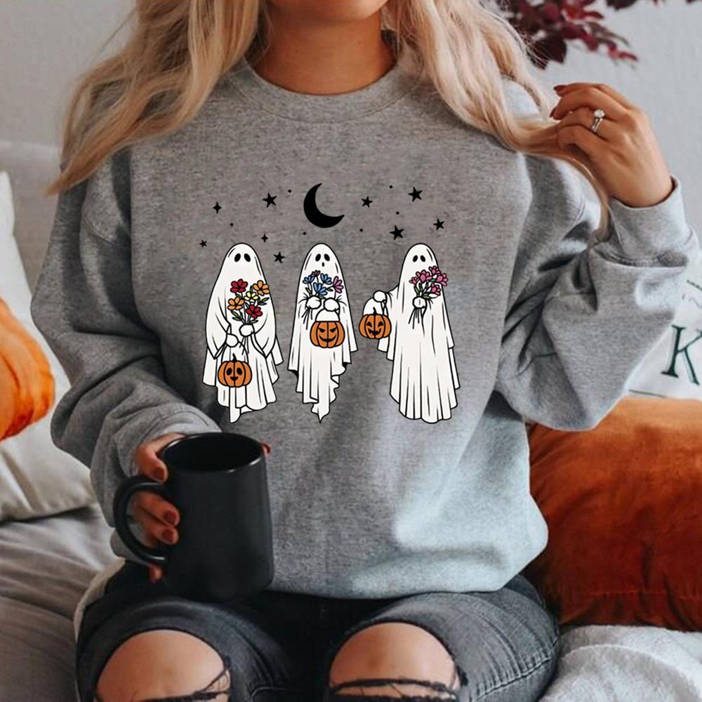 Vintage Halloween Ghost Sweatshirt Floral Retro Spooky Pumpkin Sweatshirts Women Long Sleeve Pullover Womens Halloween Hoodies