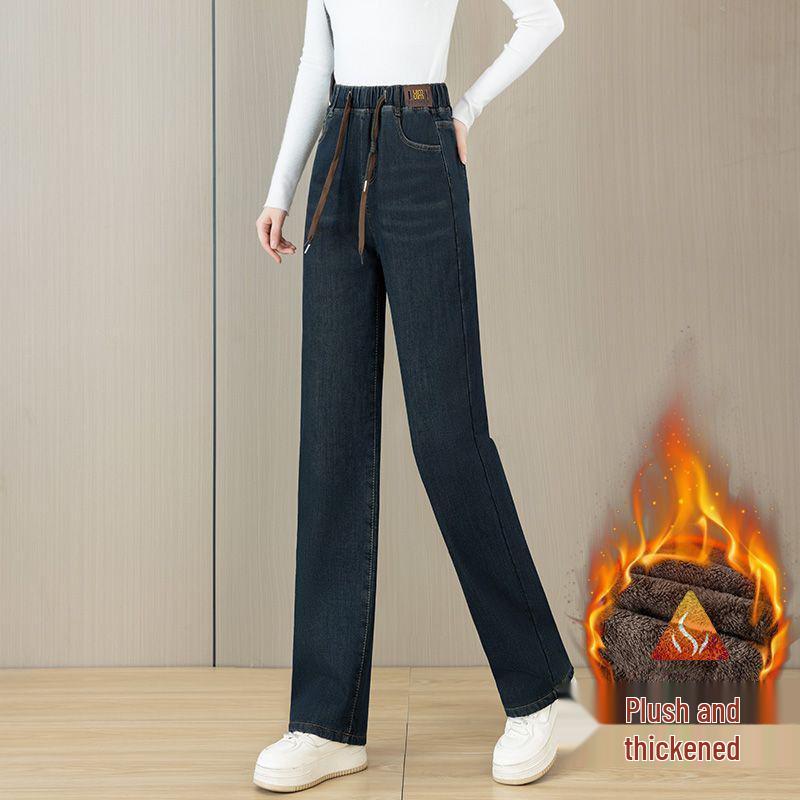 Velvet Elastic Waist Lambswool Jeans: Loose Winter High Waist, Stretch, Plus Size, Thickened Straight-Leg Pants (75-200)