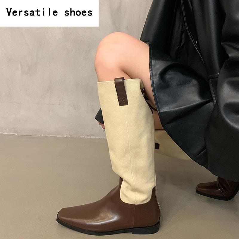 Vintage Women Western Knee High Boots Fashion Mix Colors Shoes Autumn Winter Laides Concise Long Botas De Mujer