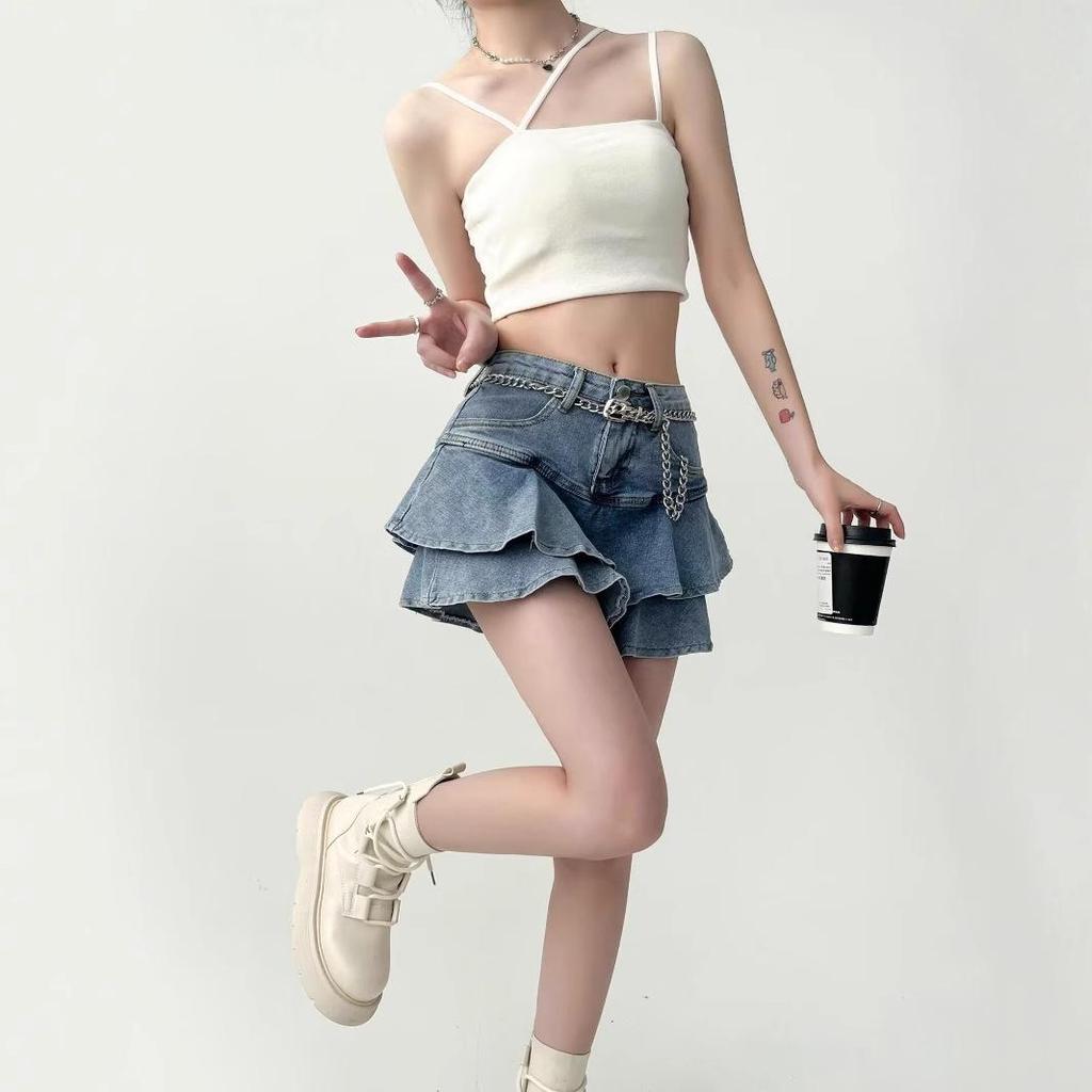 Women's High Waist Ruffle Denim Mini Skirt - Summer A-line Bodycon Fishtail