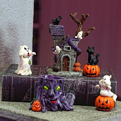 Halloweenská pryskyřičná ozdoba Strašidelný strašidelný dům Hrob Strom Démon Kořen Náhrobní kámen Socha