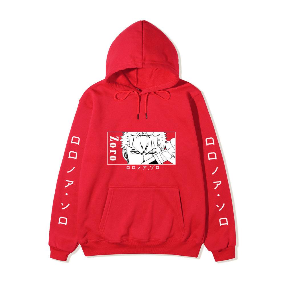 One Piece Hoodie, Roronoa Zoro Manga Graphic Japanese Letter Sleeve Print Pullover Sweatshirt Unisex Streetwear