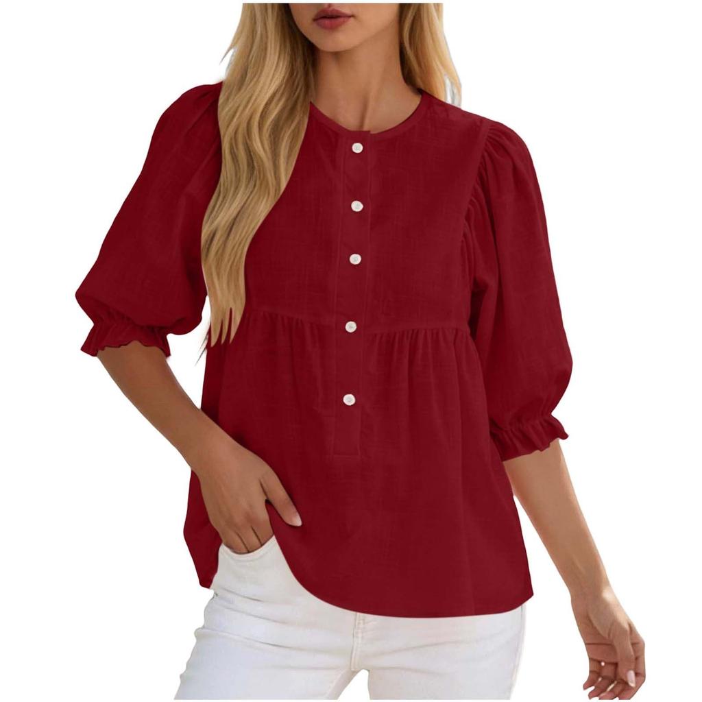 Womens Tops Half Puff Sleeve Shirts Cotton Ruffled Blouses Summer Button Up Blouses