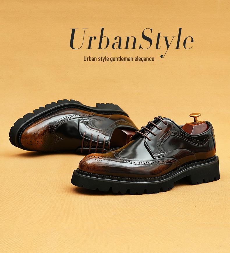 Patent Leather Men's Brogue Shoes with Pointed Toe and Thick Sole