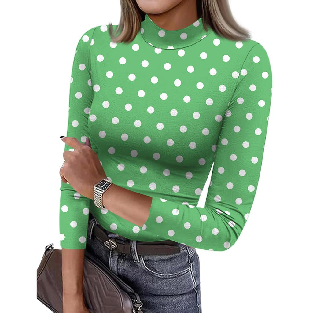 Women's Slim Bottom T-shirt Fashion Casual Polka Dot Printing Round Neck Pullover 3/4 Sleeve Top