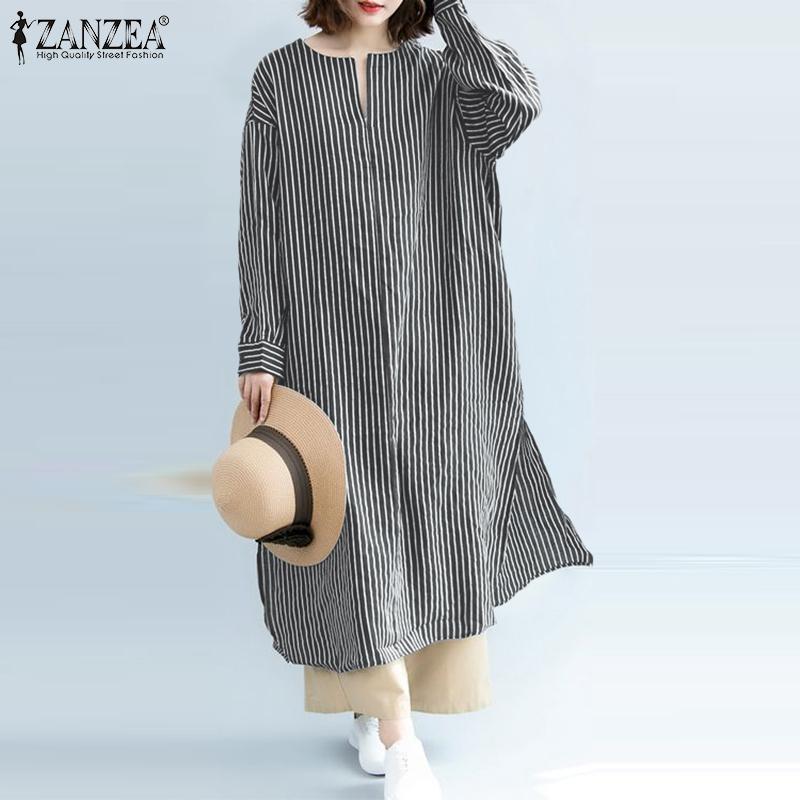 

ZANZEA Полоса оверсайз повседневное женское платье с v-образным вырезом и длинными рукавами
