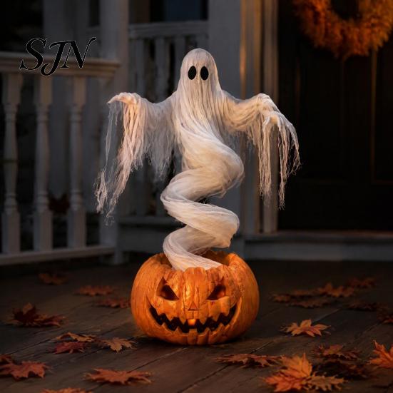 Decorative Lighted Autumn Sculptures Halloween Swirling Ghost Pumpkin Yard Lamp, Spooky Outdoor Holiday Lawn Accents Statue, Warm LED Decoration