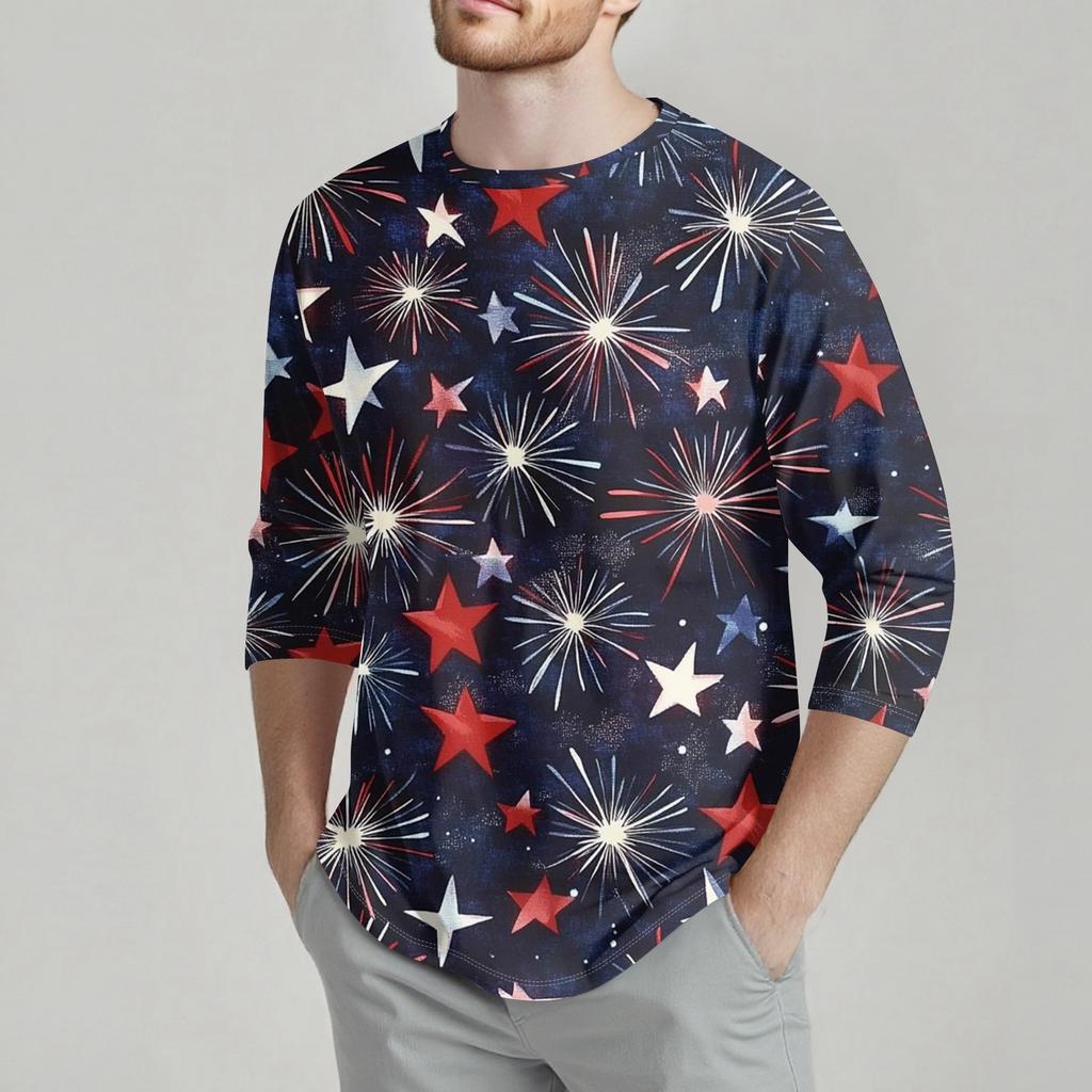 Herrenmode Lässiges T-Shirt mit Unabhängigkeitstag-Print am Hals und sieben Ärmeln