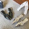 Elegant Ankle Strap Buckle Low Heel Mules Sandals Women Sexy Pointed Toe Patent Leather Women Pumps Summer Slingback High Heels