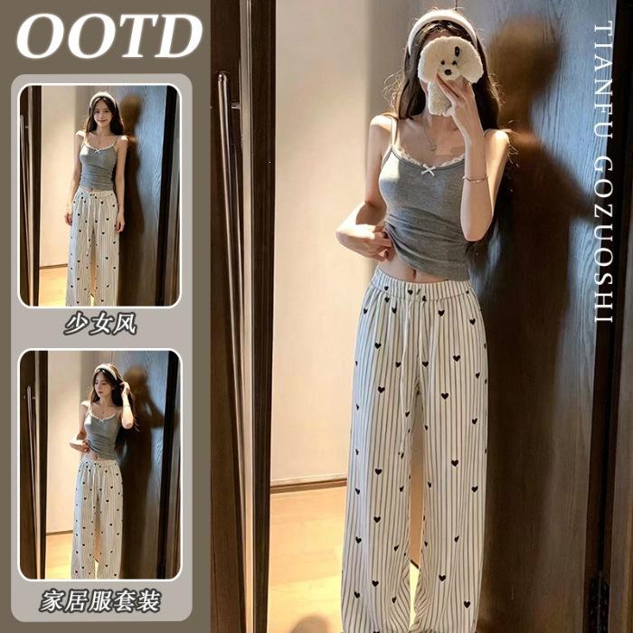 

[High-quality imitation cotton] Korean simple gray suspender love pajamas women s trousers simple casual loungewear set M