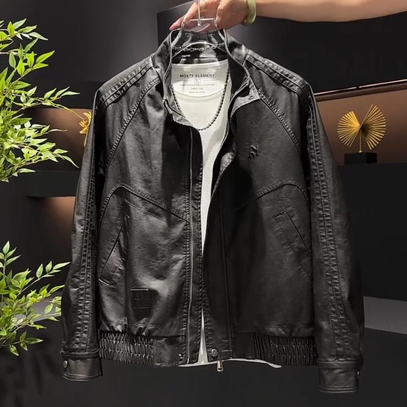 

Autumn and Winter Plus Velvet American Retro Micro-wide Leather Jacket for Men s High-end Street Stand Collar Motorcycle Jacket M