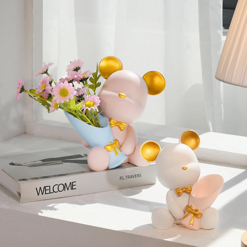 Nordic Home Decor Accessories Creative Bear Figurines Tray Decoration Storage Sculpture Resin Living Room Table Decoration Gift
