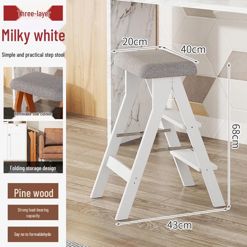 Three-Step Solid Wood Folding Ladder Stool: Multifunctional for Kitchen and Bar Use