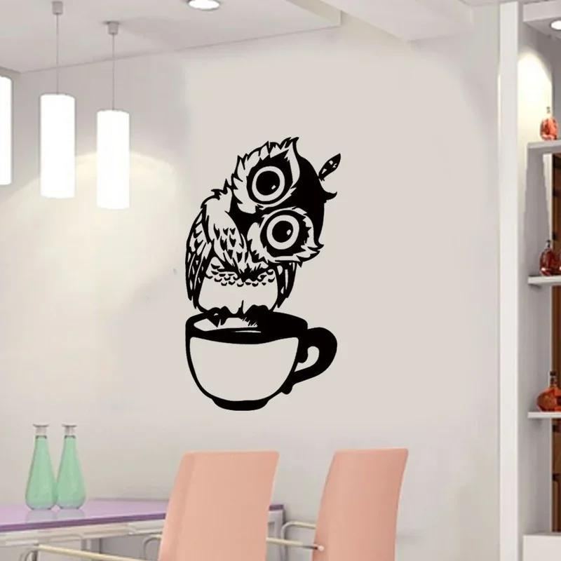 Cute Cartoon Owl On Mug Wall Stickers Coffee Decorative Decal For Kitchen Dining Room Vinyl Stickers For Coffee Bar Home Decor