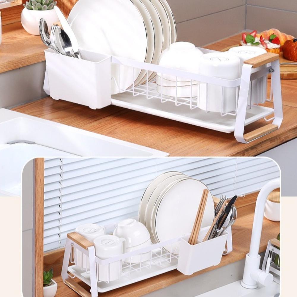 Large Capacity Kitchen Dish Rack Wooden Handle Kitchen Organizer Tableware Storage Rack Apartment