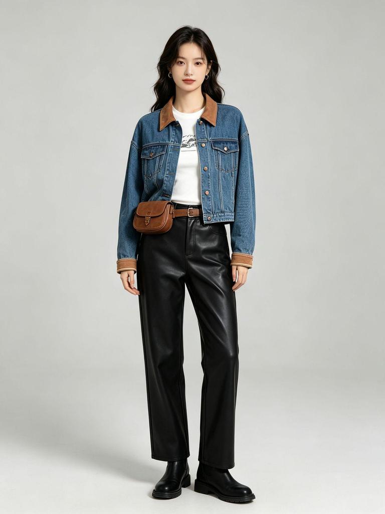 Xin Ge Suede Collar Denim Jacket - Washed Blue, Color Block, Slimming, Versatile Women's Top
