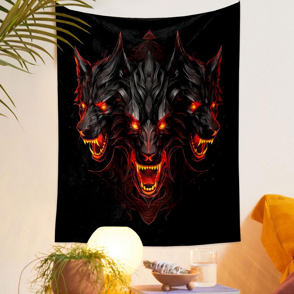 "Fiery Three-Headed Wolf Design" Patterned Tapestry Decorative Wall Hanging, Home Bedroom Living Room Decor